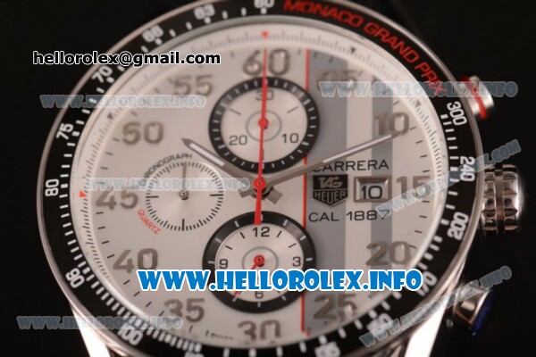 Tag Heuer Carrera Calibre 1887 Automatic Chronograph Miyota Quartz Steel Case with White Dial Arabic Number Markers and Black Rubber Strap - Click Image to Close